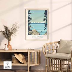 Framed Lake Tahoe print in a stylish living room, showcasing vintage travel art with serene landscape and pine trees.