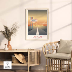 Las Vegas Wall Art Print featuring a vintage travel poster in a stylish home setting with modern decor.