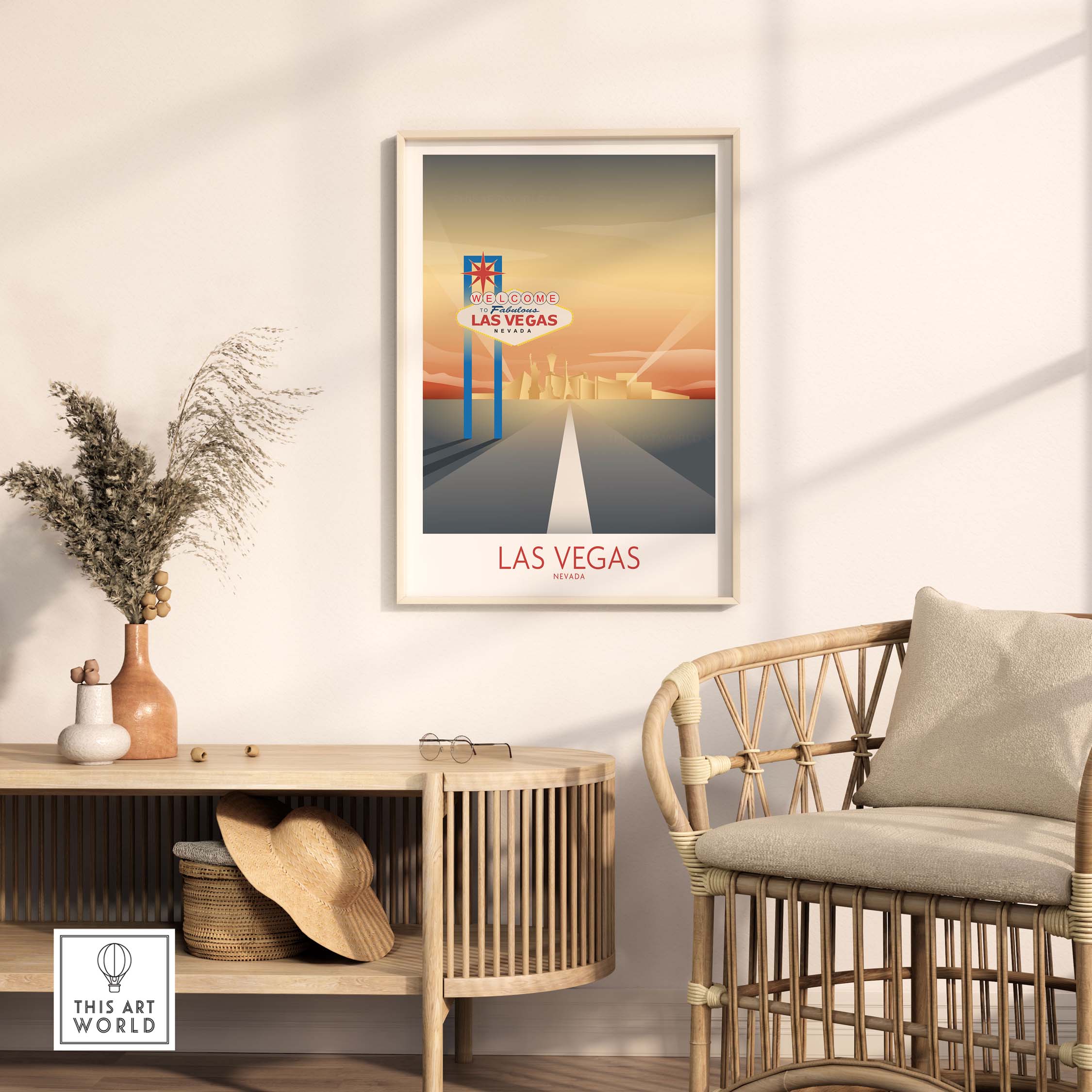 Las Vegas Wall Art Print featuring a vintage travel poster in a stylish home setting with modern decor.