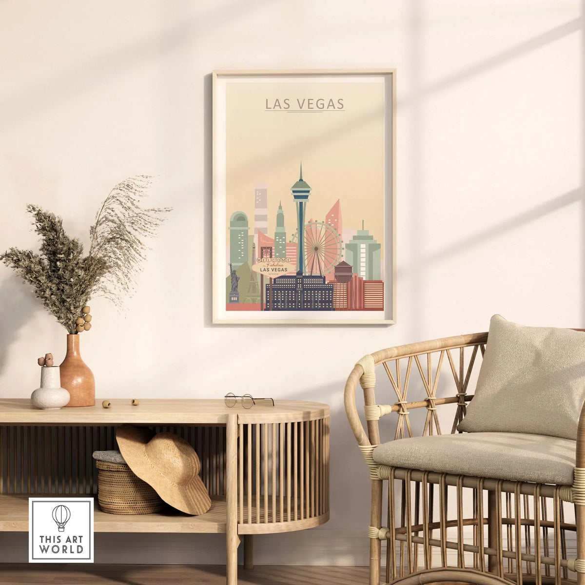 Las Vegas skyline poster in warm pastel tones, displayed in a modern interior with rattan furniture.