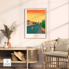 Leeds Print England Travel Poster showcasing a serene river scene, framed art in stylish interior decor.