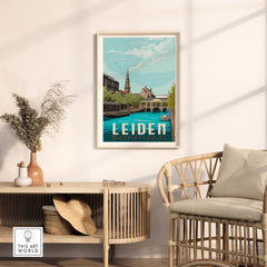 Leiden Netherlands print displayed in a modern living room, capturing vintage travel aesthetics and nostalgia.