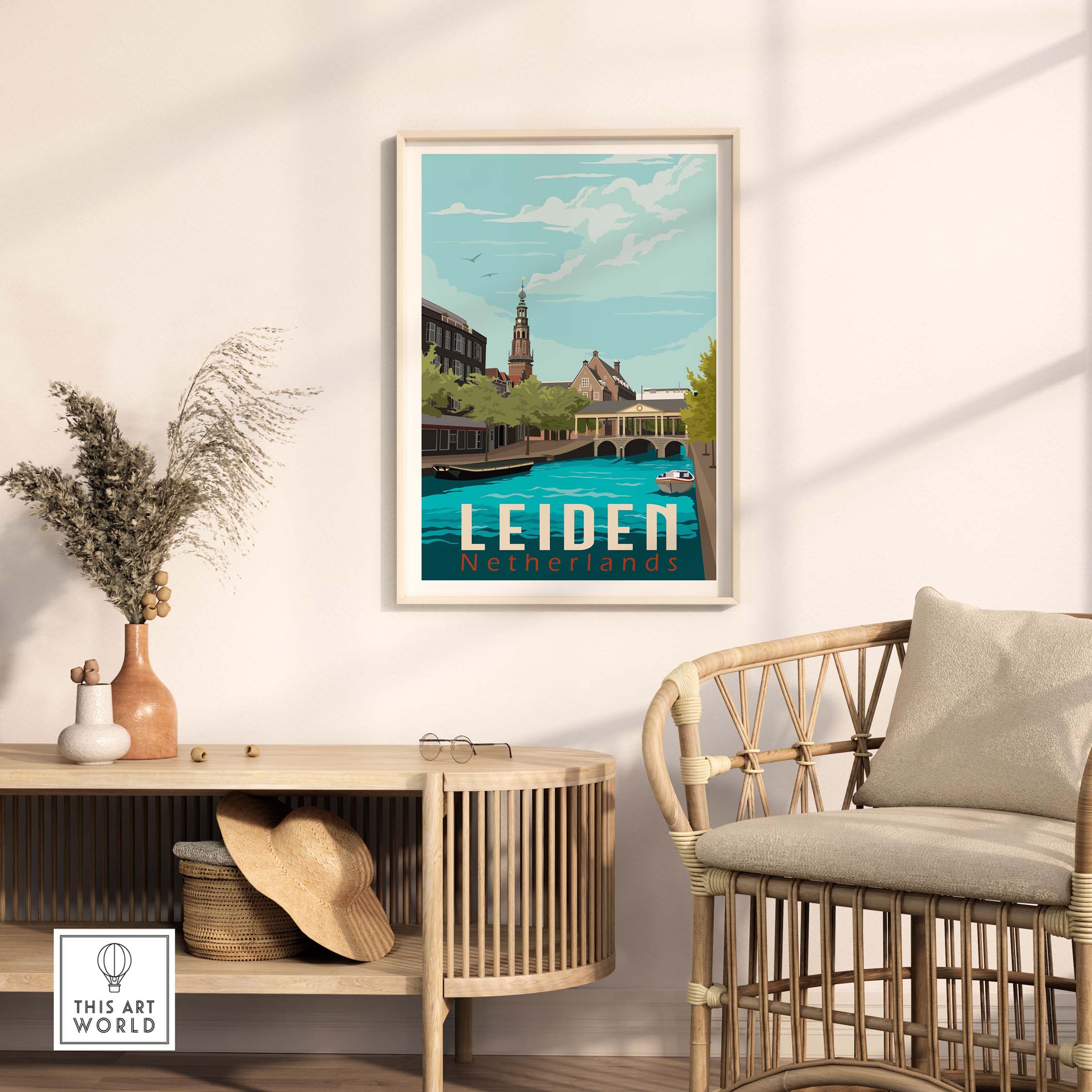 Leiden Netherlands print displayed in a modern living room, capturing vintage travel aesthetics and nostalgia.
