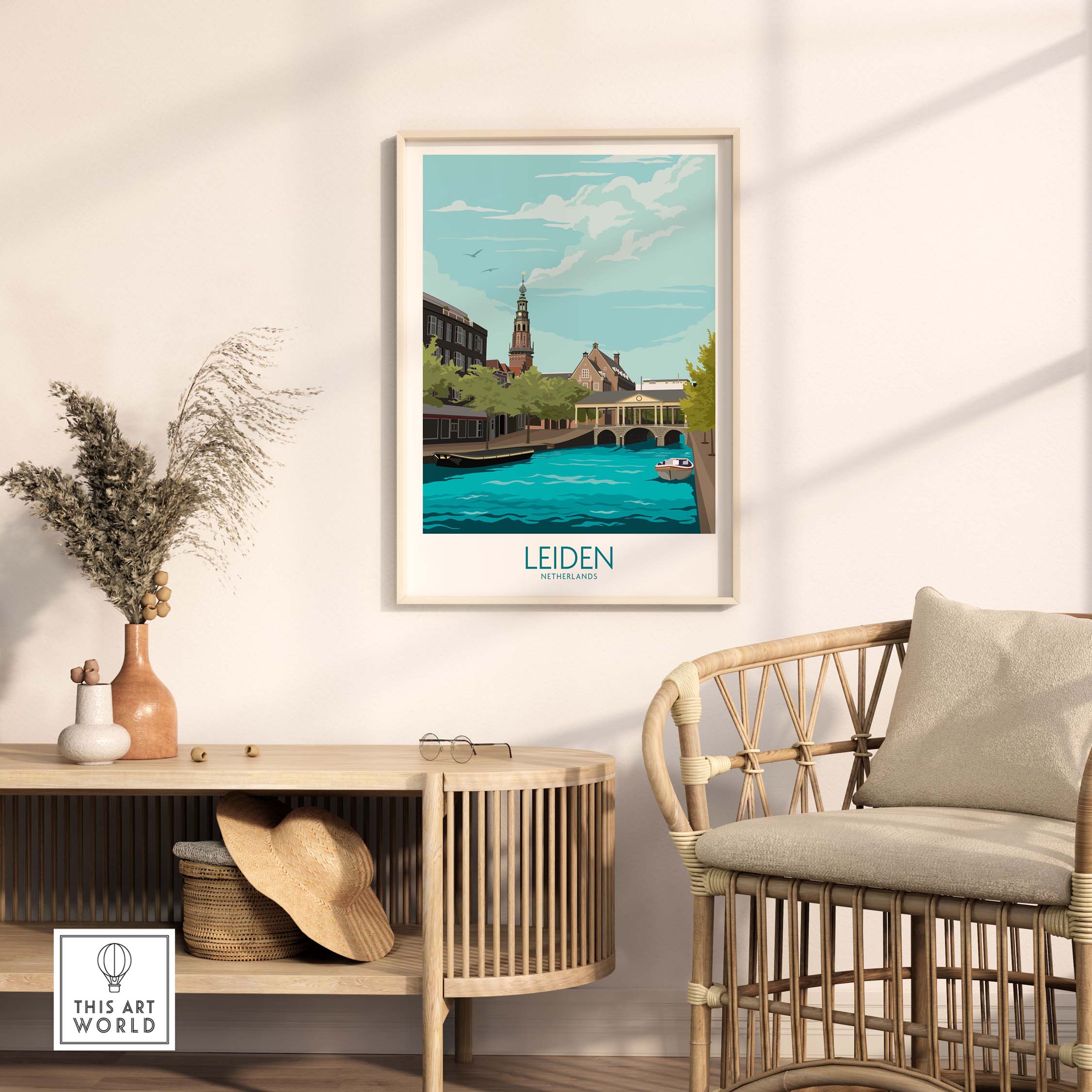 Leiden Poster Netherlands featuring a scenic view of canals and historic buildings, perfect for stylish wall art.
