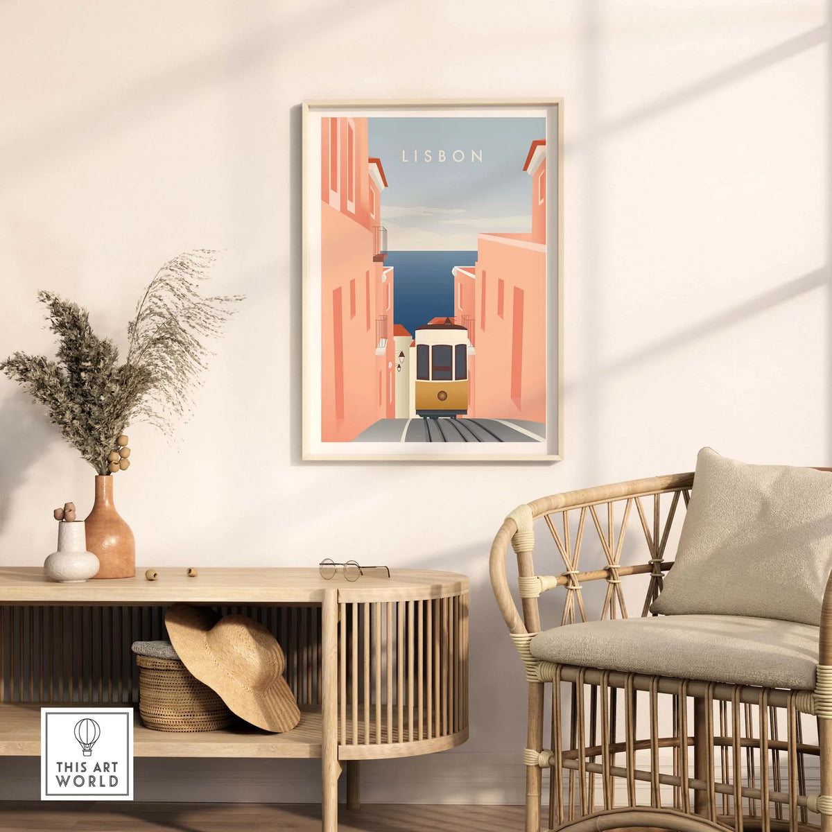 Lisbon wall art poster featuring pastel buildings and a tram, adding charm to modern decor.