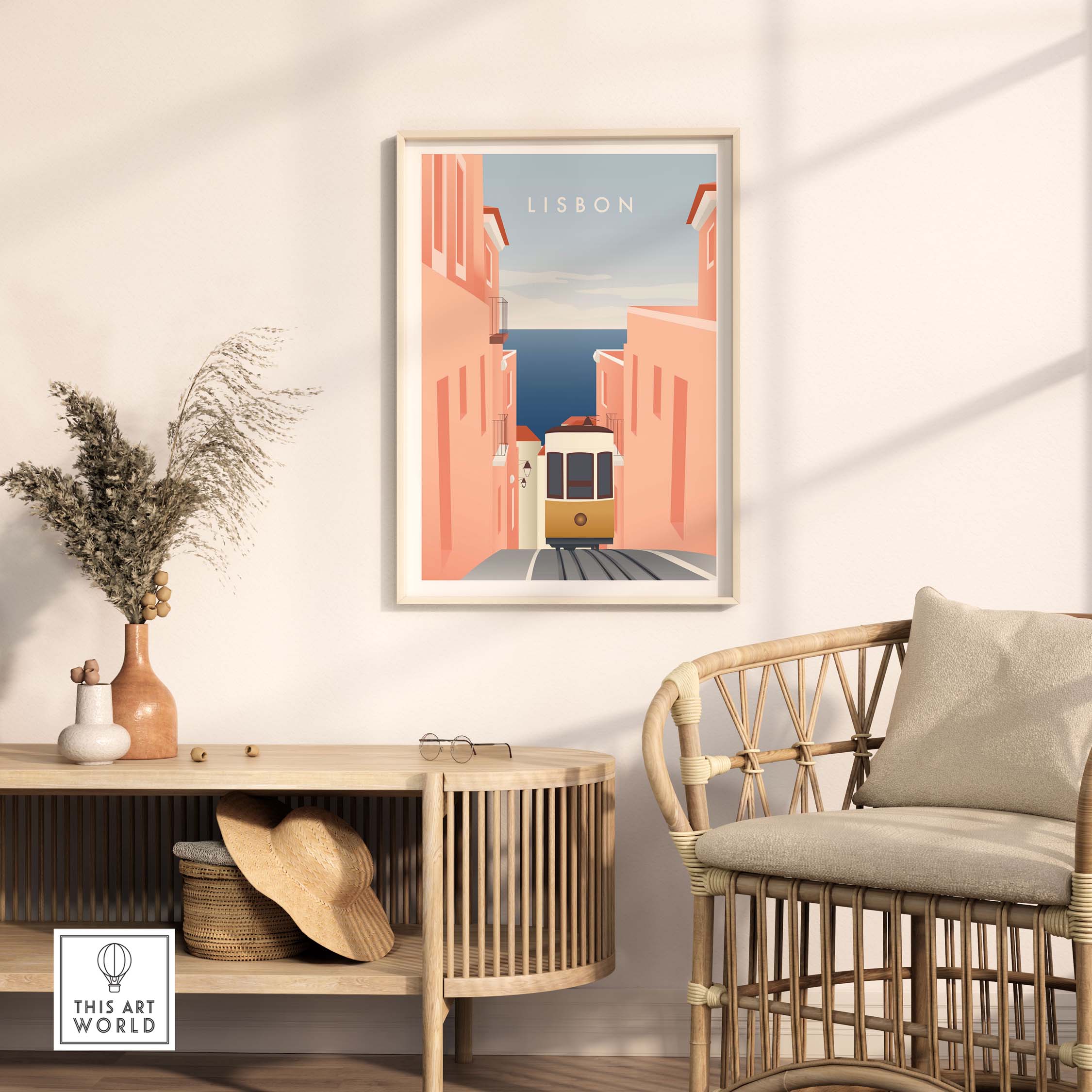 Lisbon wall art poster featuring pastel buildings and a tram, adding charm to modern decor.