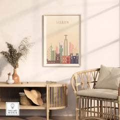 Lisbon Skyline Print wall art in warm pastel tones displayed in a modern living room setting.