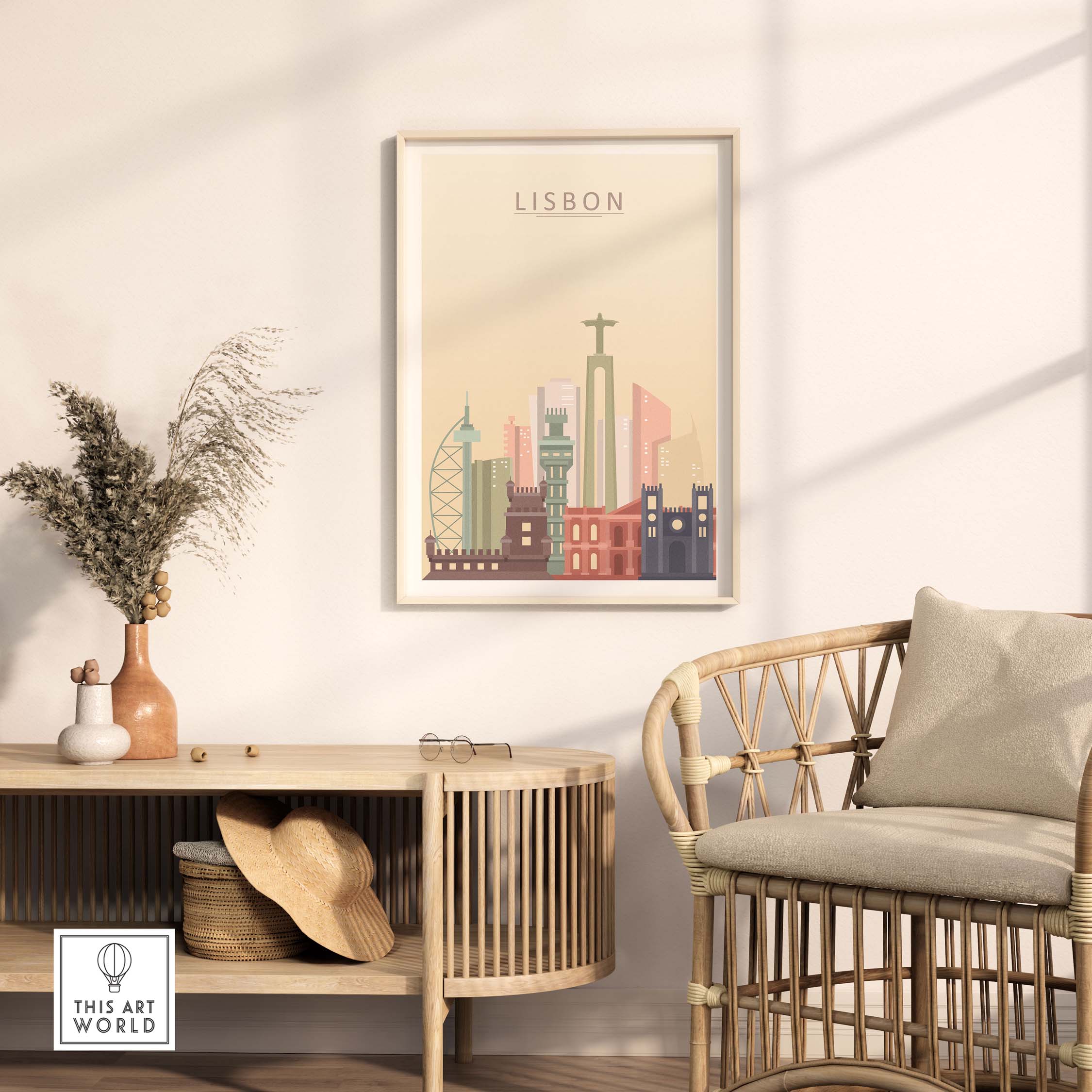 Lisbon Skyline Print wall art in warm pastel tones displayed in a modern living room setting.