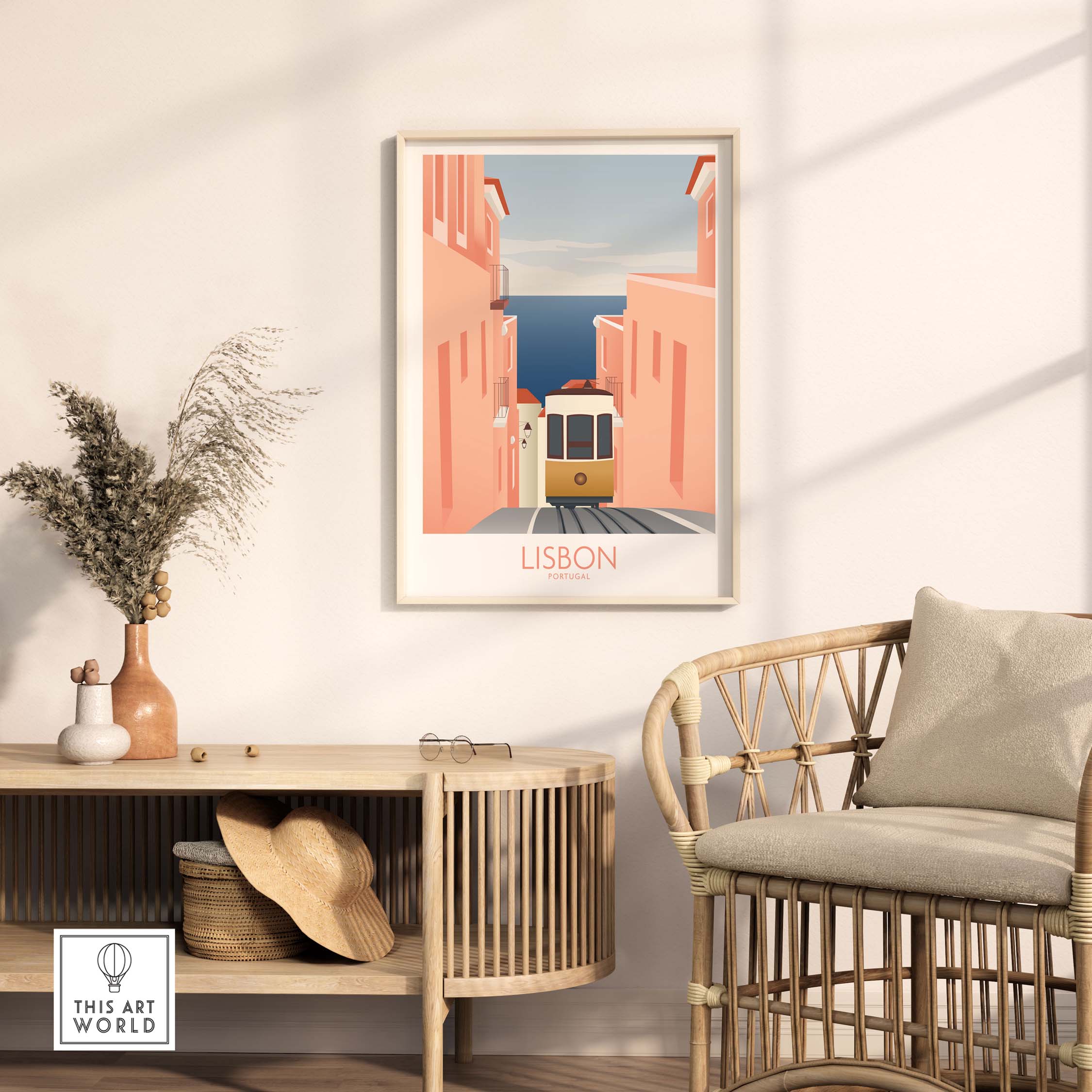 Lisbon wall art poster print featuring a vintage tram in pastel-colored streets, perfect for home decor.