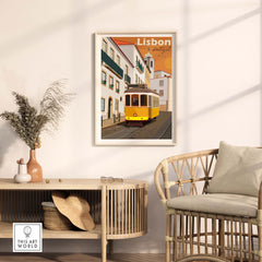 Vintage Lisbon Print Poster showcasing iconic tram in a stylish living room setting.