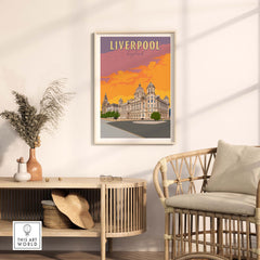 Liverpool Poster artwork featuring vintage architectural illustration in stylish home decor setting.