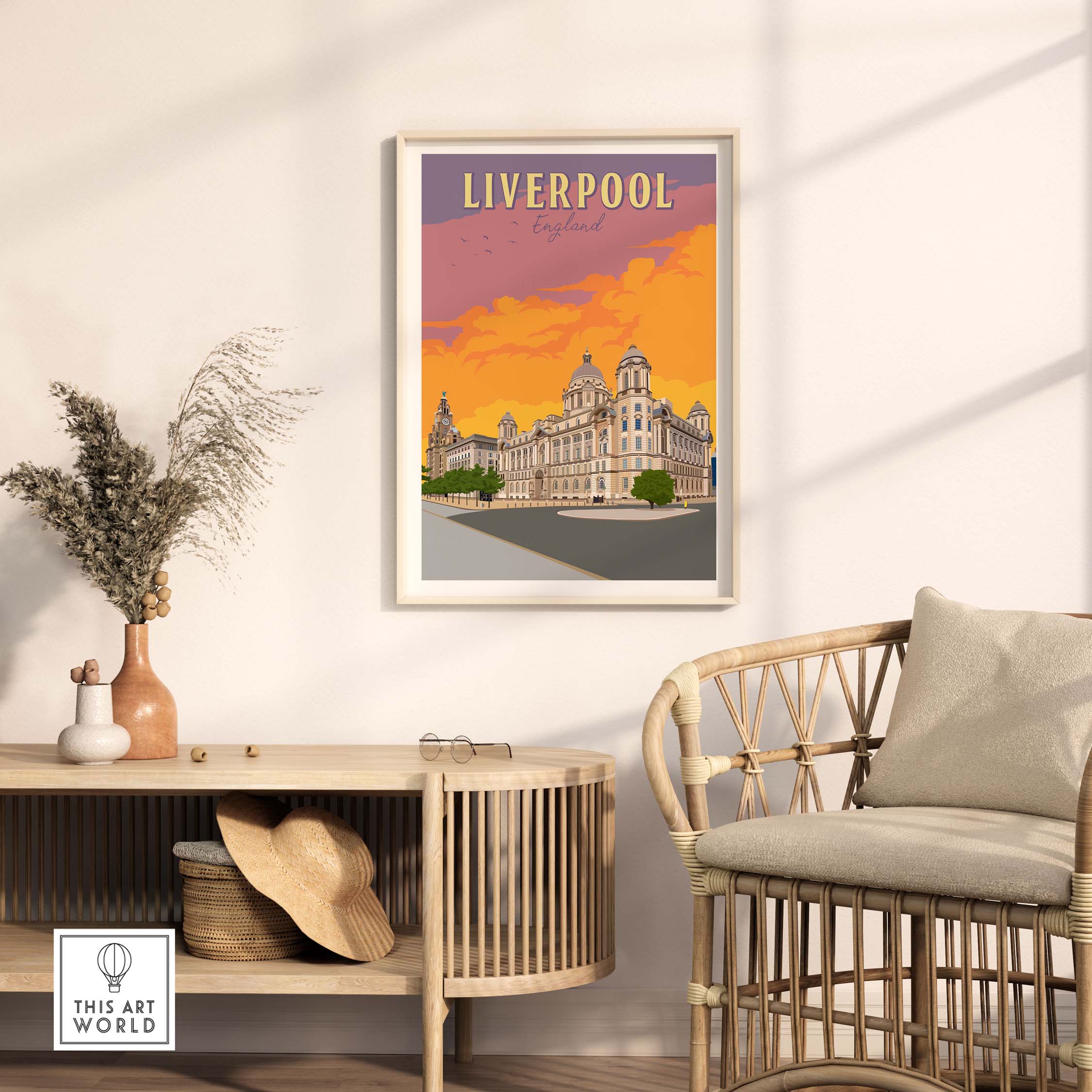 Liverpool Poster artwork featuring vintage architectural illustration in stylish home decor setting.