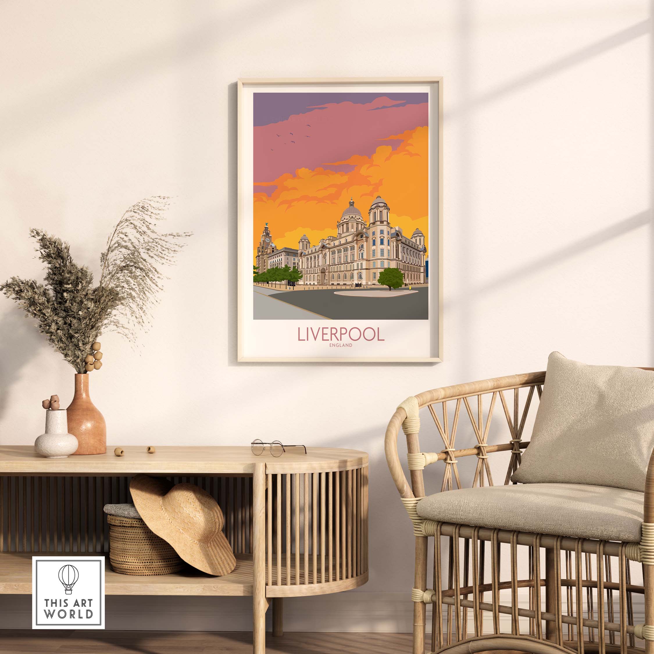 Vibrant Liverpool print on wall above cozy furniture, adding color and nostalgia to home decor.