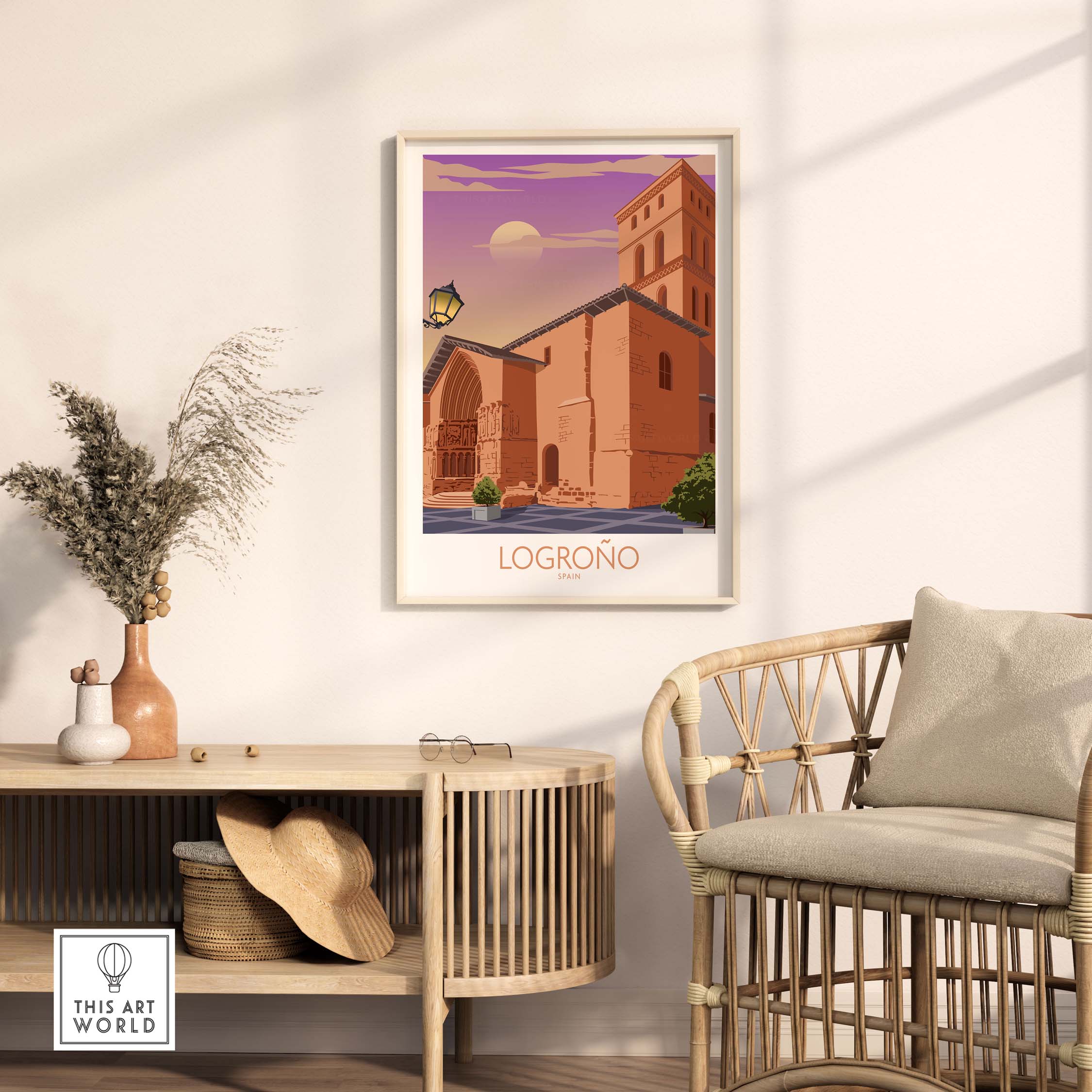 Logrono Spain poster displayed in a stylish living room, showcasing vintage travel art for home decor.