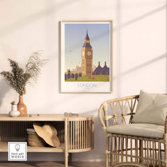 London Print Travel Poster featuring Big Ben in a stylish home setting with natural decor.