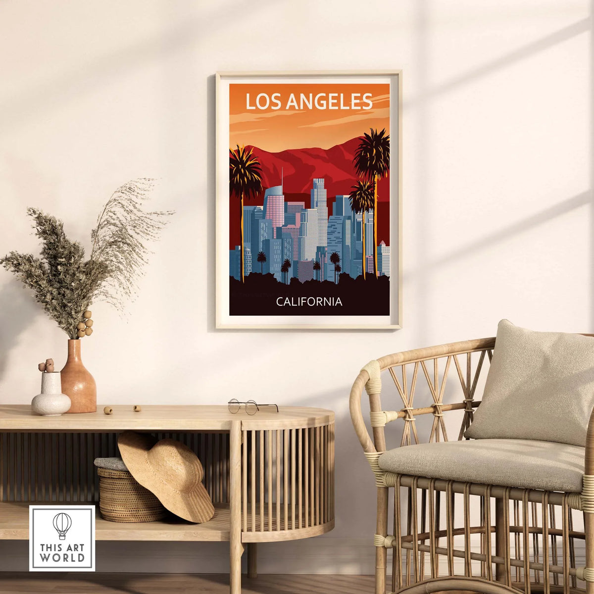 Los Angeles wall art print in a minimalist frame, showcasing iconic skyline and palm trees, perfect for home decor.