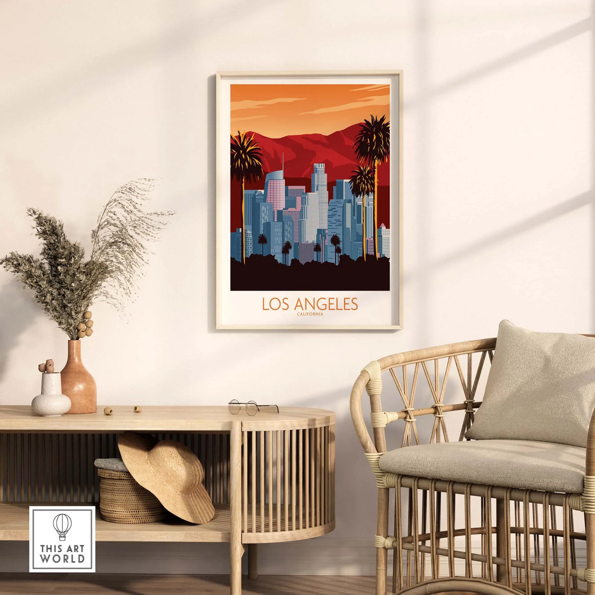 Los Angeles poster print featuring a minimalist design with city skyline and palm trees, perfect for home decor.