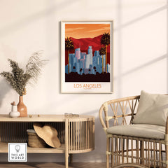 Los Angeles poster print featuring a minimalist design with city skyline and palm trees, perfect for home decor.