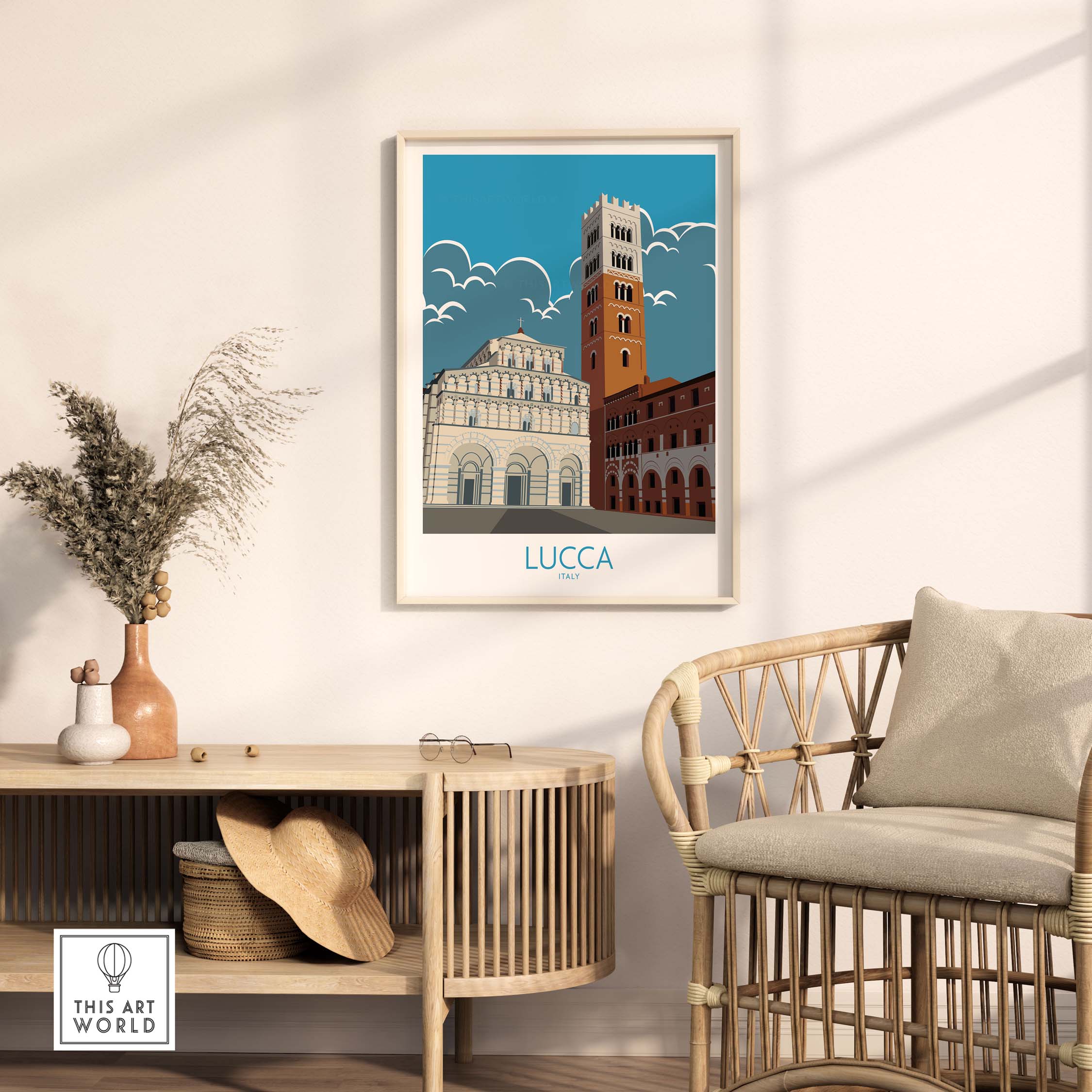 Lucca Italy travel poster in a stylish home setting, framed art depicting iconic architecture and blue skies.