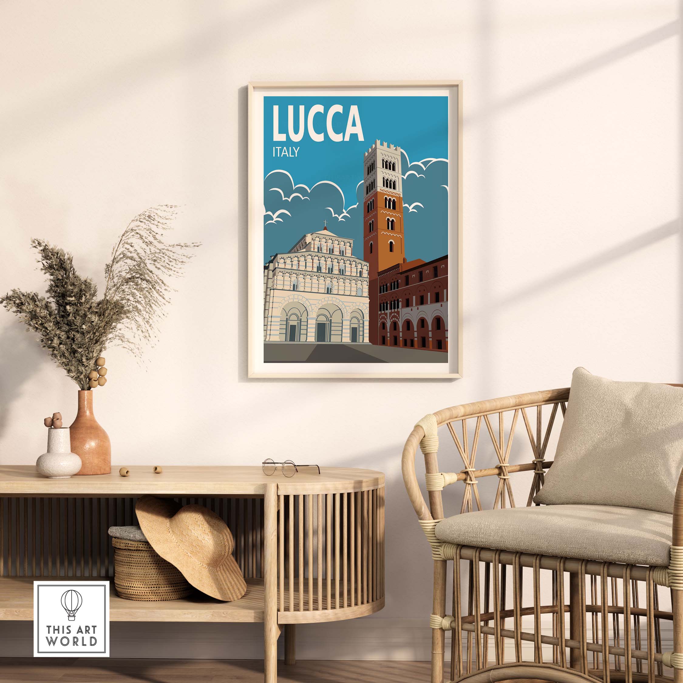 Lucca Italy wall art print featuring architectural landmarks in a stylish living room setting.