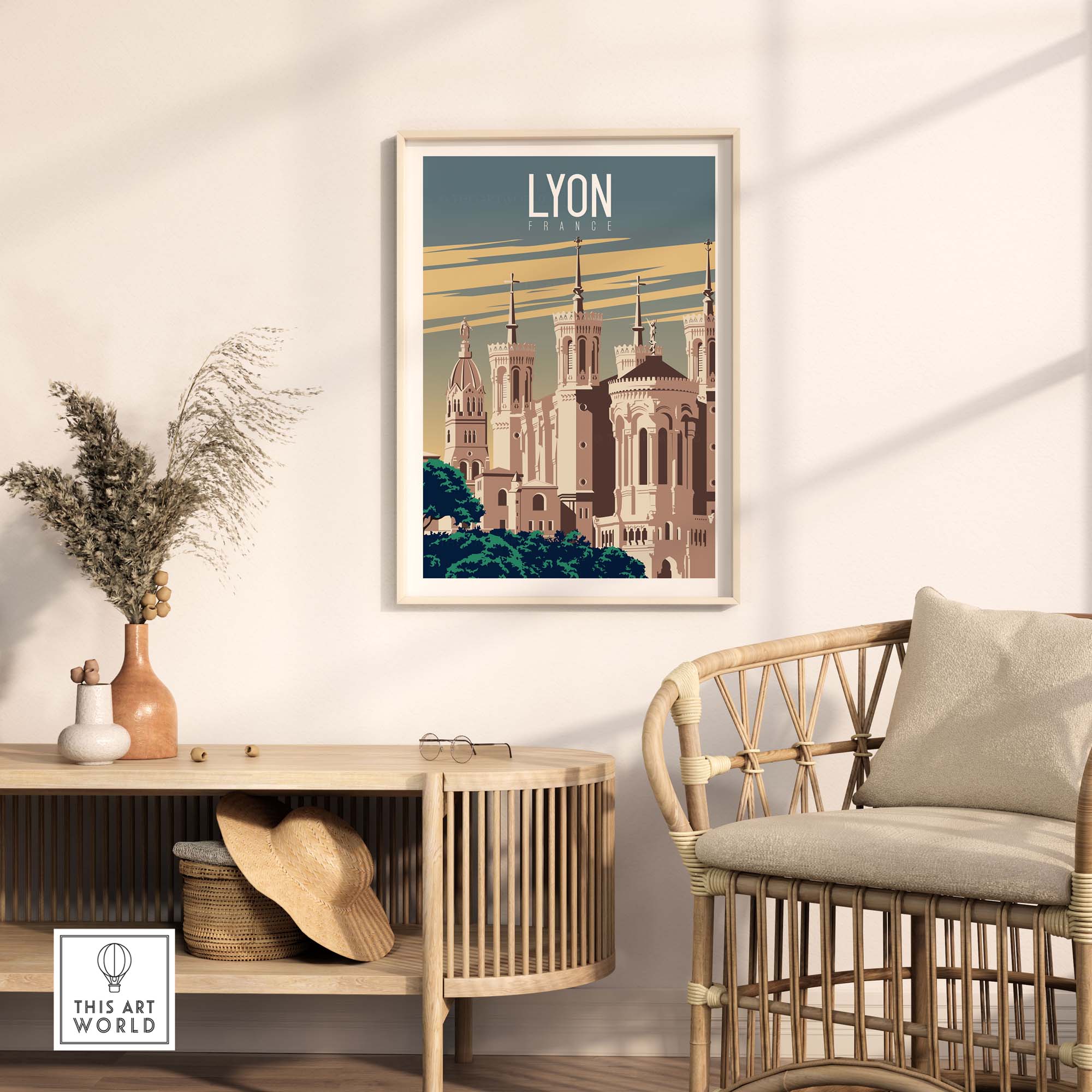 Lyon Print France Poster displayed in a stylish interior with natural decor, capturing travel nostalgia.