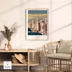 Lyon Poster France Wall Art framed in a stylish living room setting with modern decor and natural light.