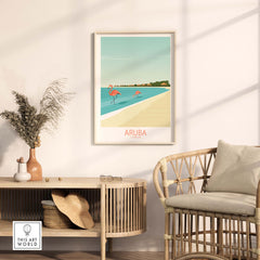 Aruba Caribbean poster featuring flamingos by the beach in a stylish minimalist frame, perfect for home or office decor.