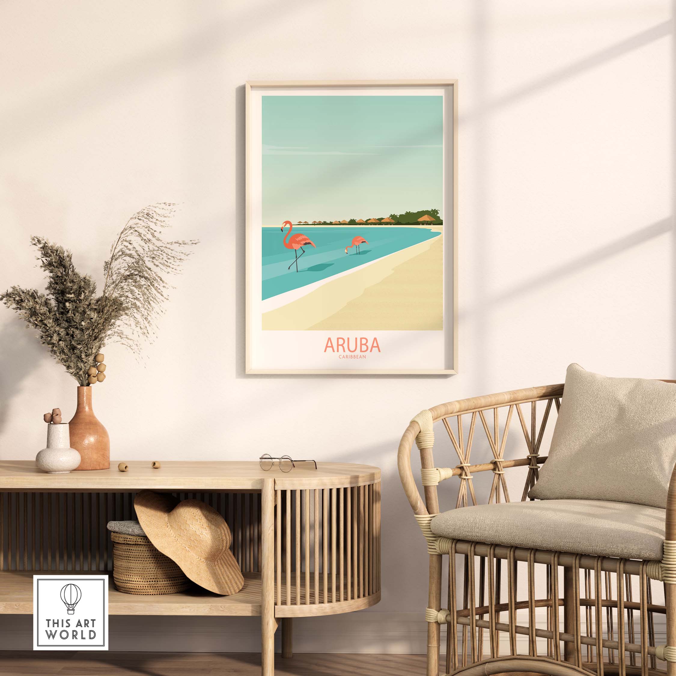 Aruba Caribbean poster featuring flamingos by the beach in a stylish minimalist frame, perfect for home or office decor.