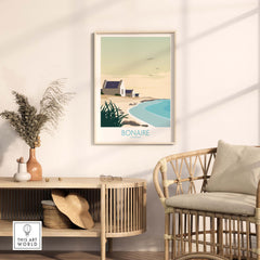 Bonaire Wall Art Print displayed in a minimalist living room, featuring beach and coastal scenery.