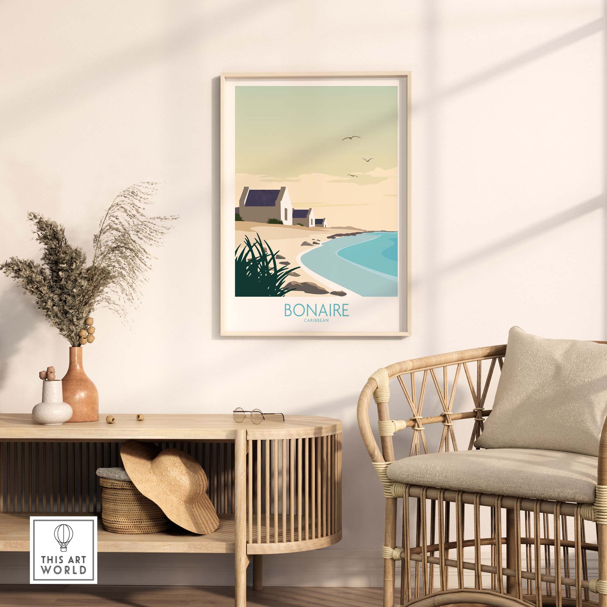 Bonaire Wall Art Print displayed in a minimalist living room, featuring beach and coastal scenery.