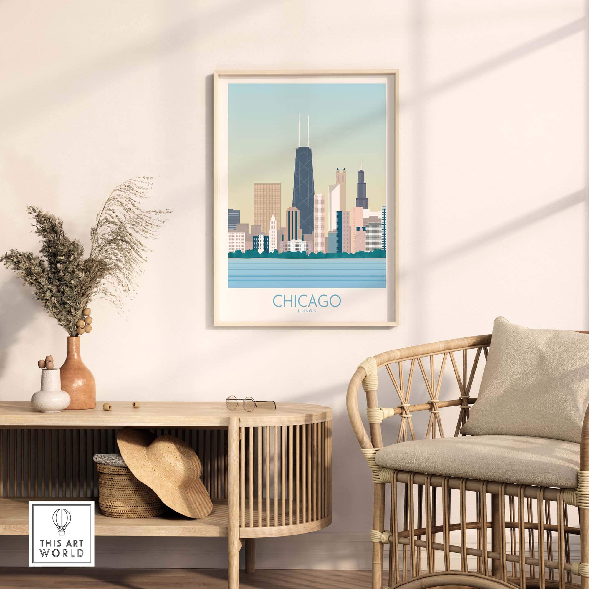 Chicago Skyline Print in a stylish frame, showcasing iconic buildings and a serene waterfront view, perfect for home decor.