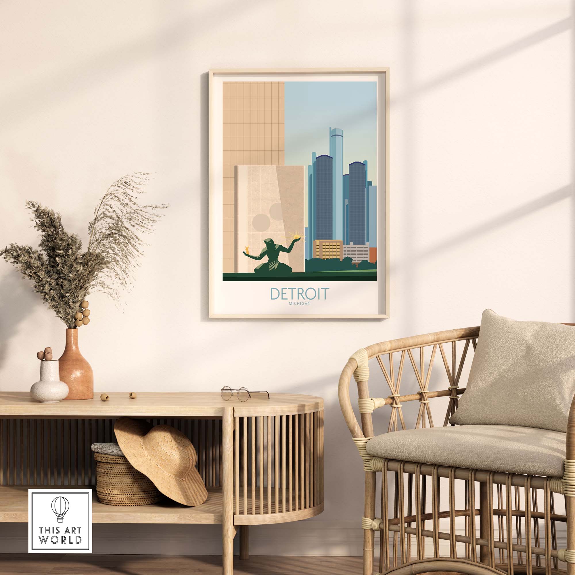 Framed Detroit Wall Art Print featuring city skyline, displayed in modern interior setting.