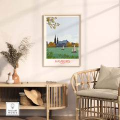 Hamburg Germany wall art print in a framed display, featuring sailboats near iconic landmarks, minimalistic design.