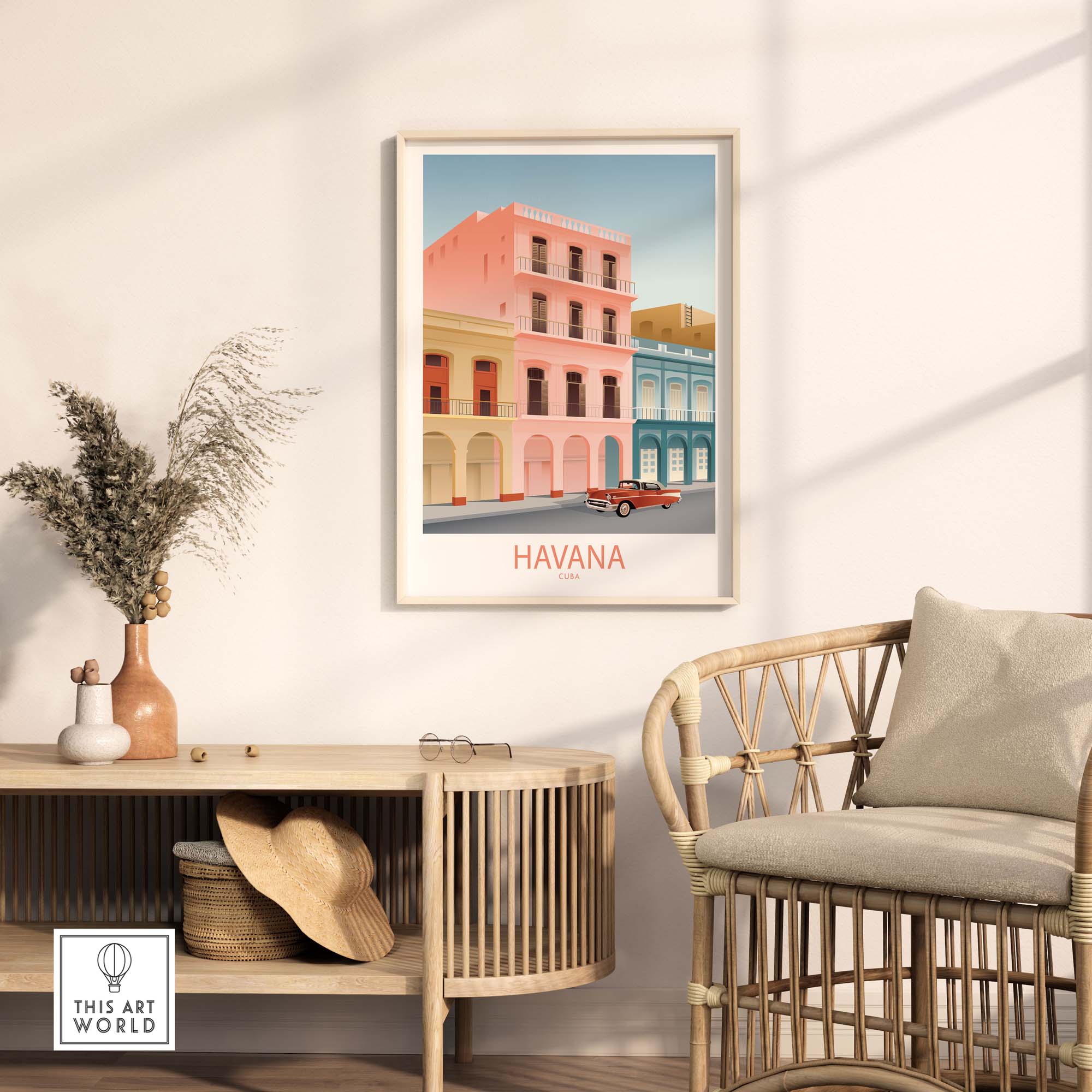 Havana Cuba Wall Art Print showcasing vibrant vintage buildings and a classic car in a stylish living room setting.