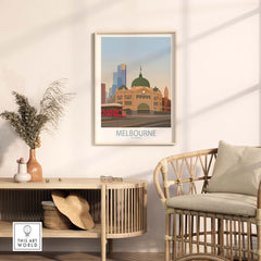 Melbourne poster artwork in a minimalist frame displayed in a stylish living room setting.