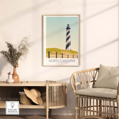North Carolina wall art print featuring a lighthouse, styled in a minimalist decor setting with natural elements.