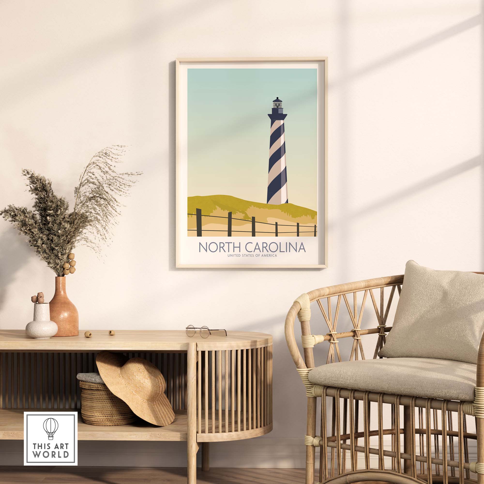 North Carolina wall art print featuring a lighthouse, styled in a minimalist decor setting with natural elements.