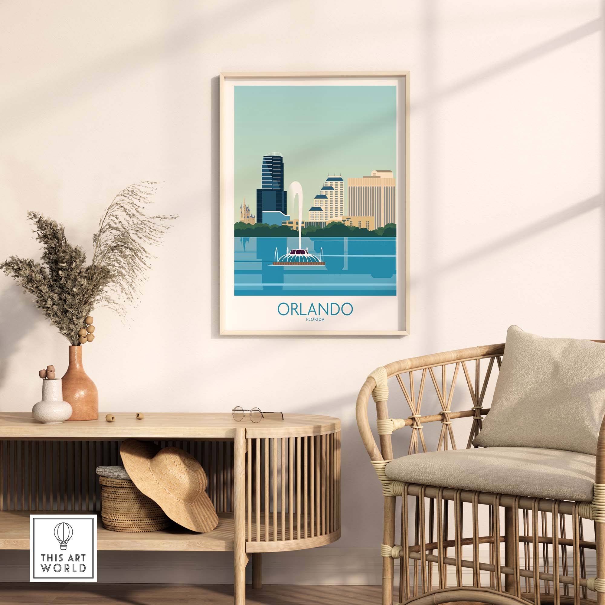 Orlando Wall Art Print featuring a minimalist design of the city skyline, perfect for home or office decor.