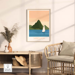Saint Lucia Caribbean poster in a minimalist style, featuring a sailboat and mountain landscape, displayed in a stylish interior.