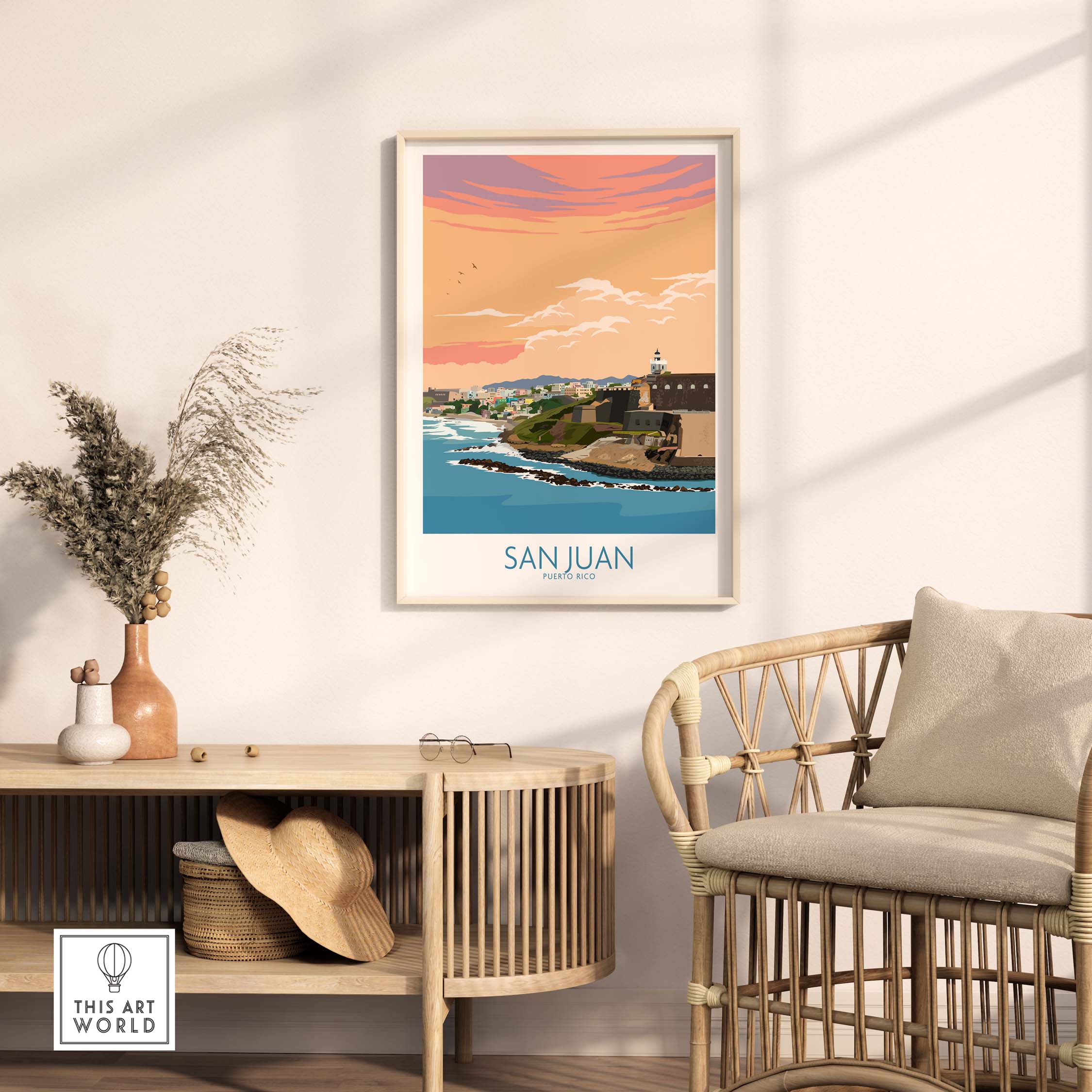 San Juan Puerto Rico print displayed in a stylish living room with coastal artwork and natural decor.
