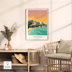 Skiathos wall art print featuring a coastal view, framed in minimalist decor, perfect for travel enthusiasts.