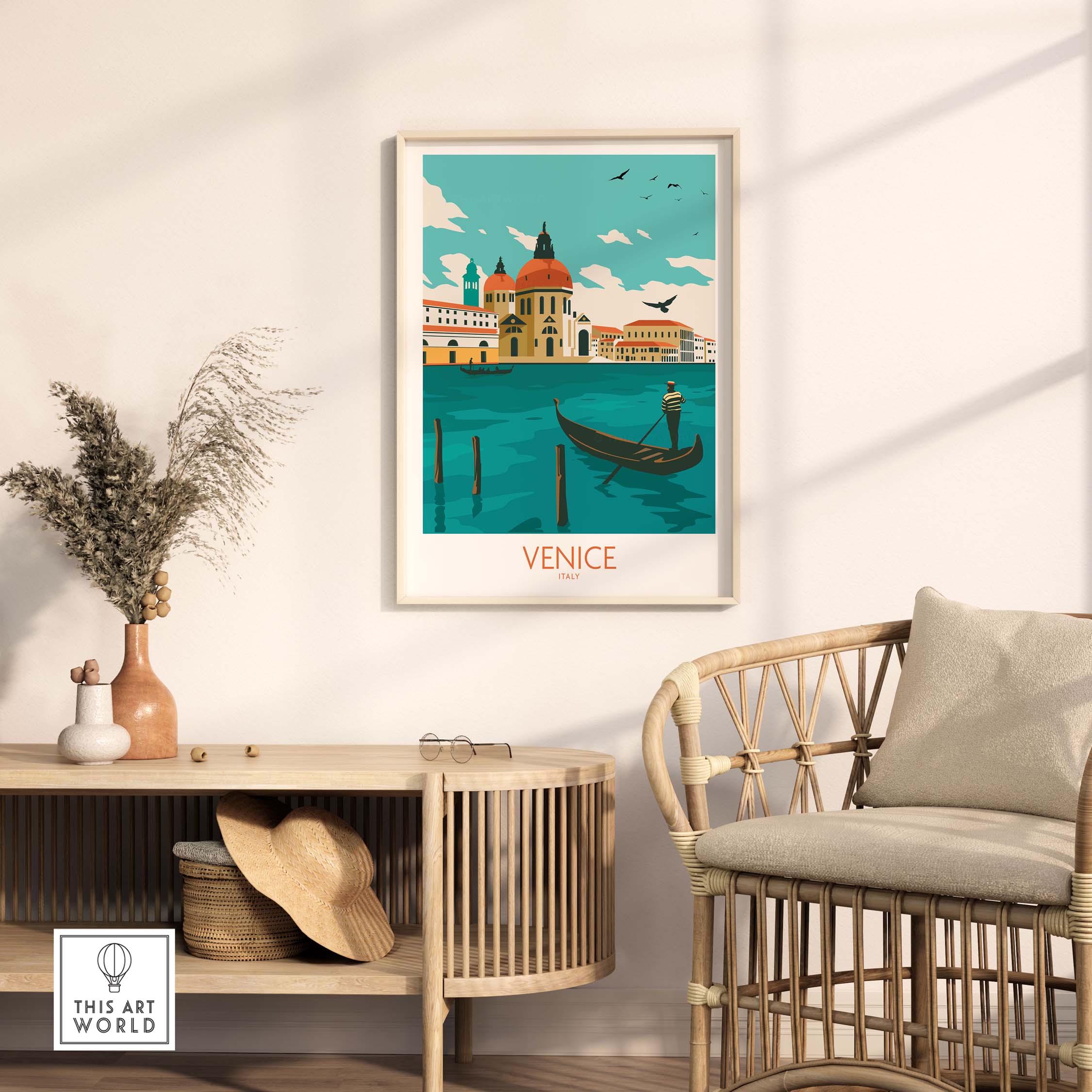 Venice Italy poster print displayed in a stylish living room, featuring gondolas and vibrant colors.