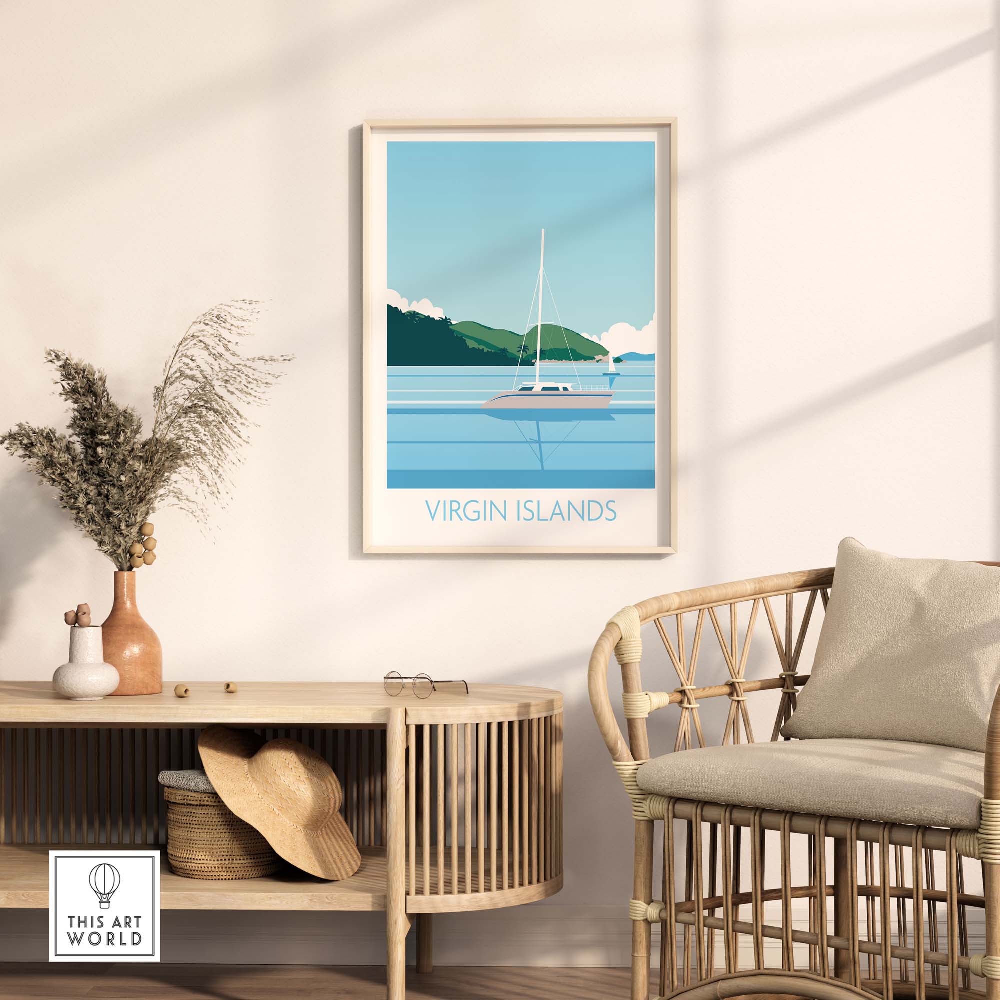 Virgin Islands wall art print featuring a sailboat and serene landscape in a minimalist style.
