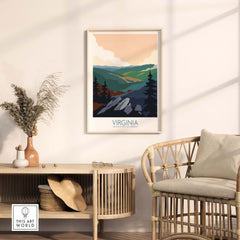 Virginia Wall Art Print showcasing mountains and trees in a minimalist frame, perfect for stylish home decor.