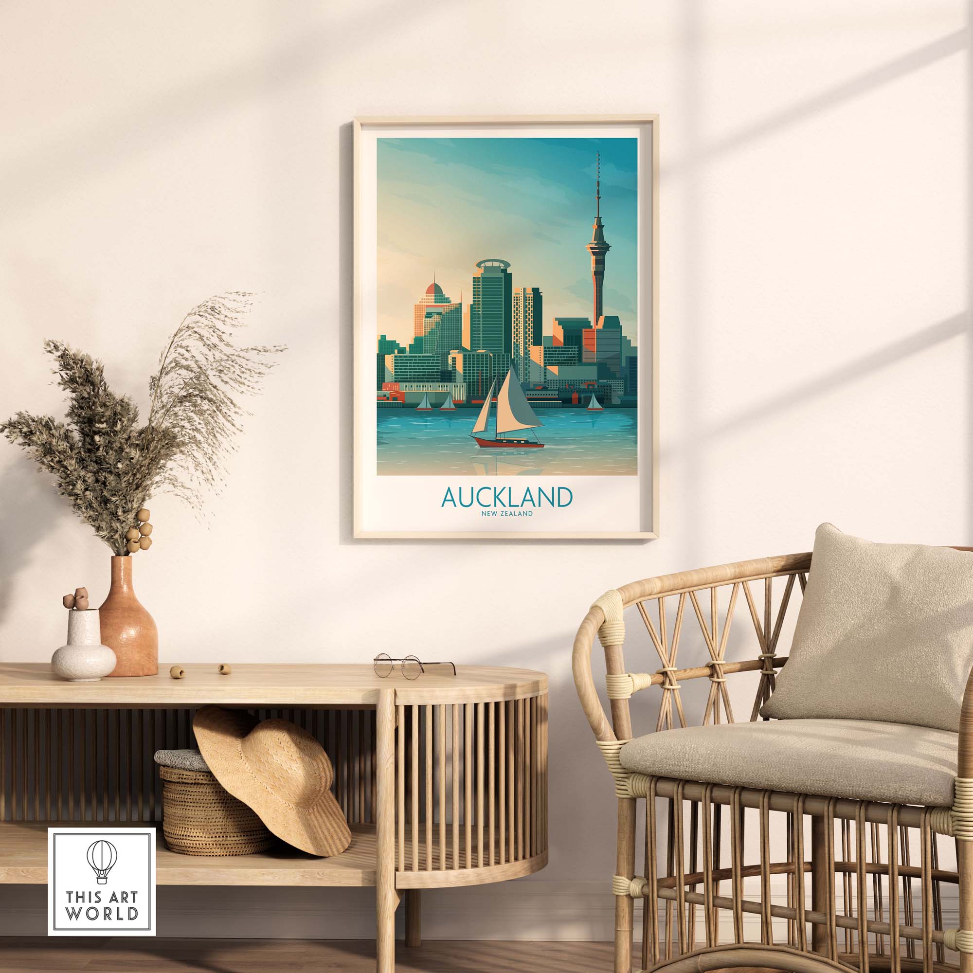 Auckland wall art print displayed in a stylish living room setting, featuring a sailboat and city skyline.