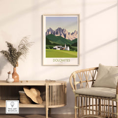 Dolomites wall art print in a minimalist frame, showcasing mountains and landscape, ideal for home decor.