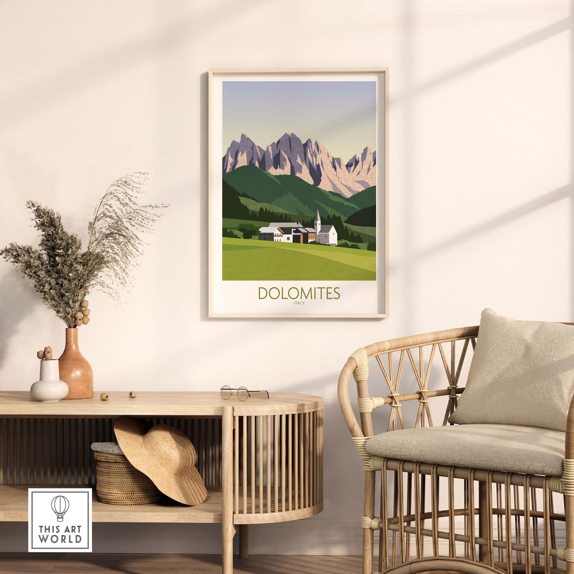 Dolomites wall art print in a minimalist frame, showcasing mountains and landscape, ideal for home decor.