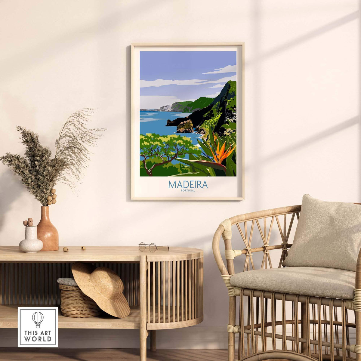 Madeira Print showcasing a scenic view of the island, displayed in a stylish room with minimalist decor.