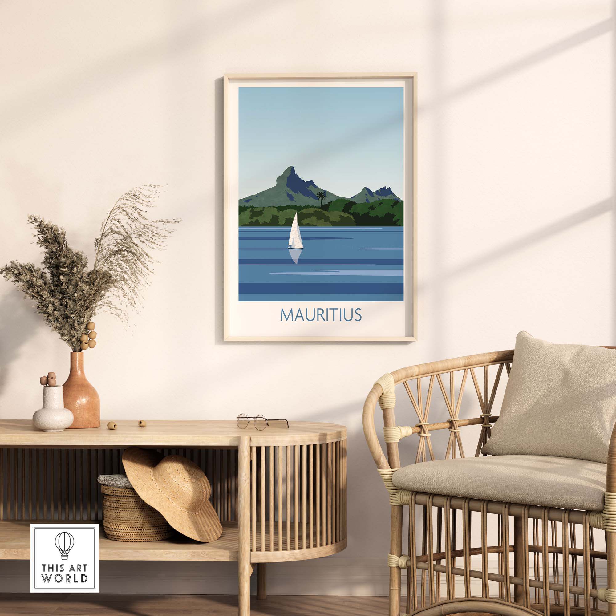 Mauritius Print poster featuring a sailboat and mountains, styled in a minimalist vintage art design.