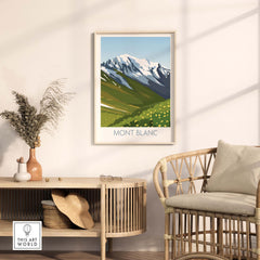 Stylish Mont Blanc Print showcasing mountains and greenery, perfect for home or office decor, available framed or unframed.